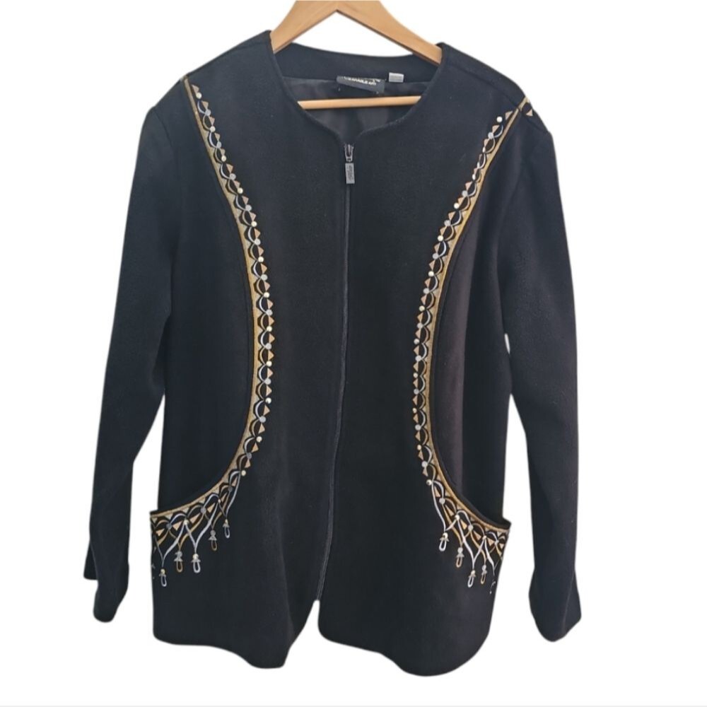 Bob Mackie Art to Wear Embroidered Jacket Women’s 1X Black Gold Statement Jacket